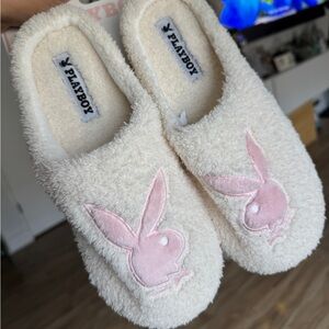 PLAYBOY Cream and Pink Plush Slippers
